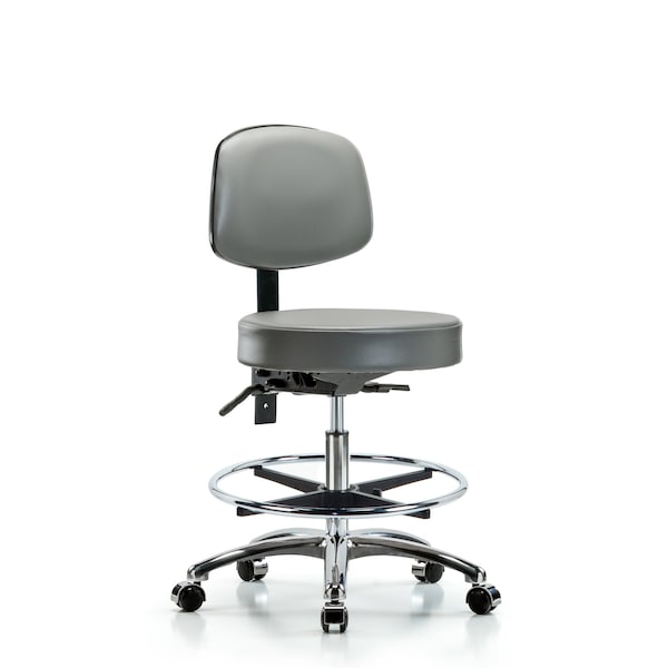 Blue Ridge Ergonomics VMBST-CR-T1-CF-CC-8840 Rutledge Vinyl Stool with Back Chrome - Medium Bench Height with Seat Tilt, Chrome Foot Ring, & Casters in Sterling Supernova™ Vinyl