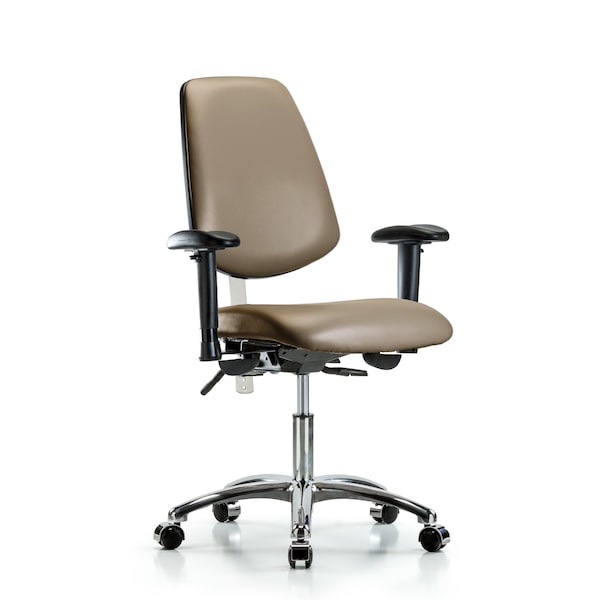 Blue Ridge Ergonomics NCR-VDHCH-MB-CR-T0-A1-CC-8809 Class 100 Vinyl Clean Room Chair - Desk Height with Medium Back, Adjustable Arms, & Casters in Taupe Supernova™ Vinyl