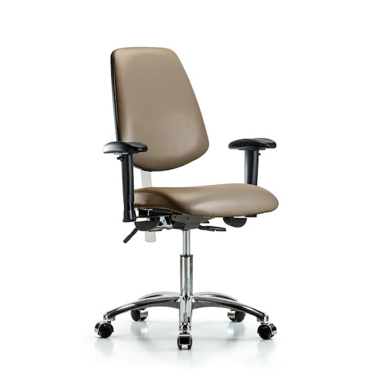Blue Ridge Ergonomics NCR-VDHCH-MB-CR-T0-A1-CC-8809 Class 100 Vinyl Clean Room Chair - Desk Height with Medium Back, Adjustable Arms, & Casters in Taupe Supernova™ Vinyl