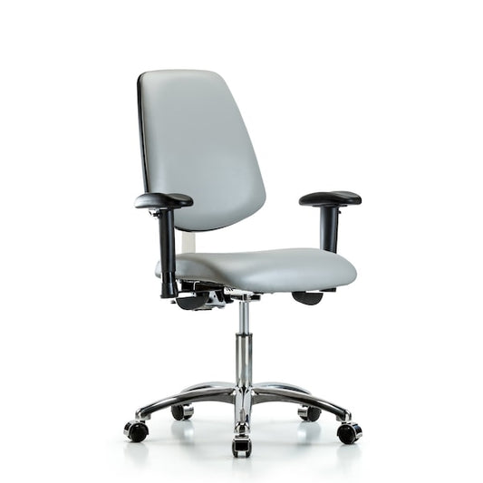 Blue Ridge Ergonomics NCR-VDHCH-MB-CR-T1-A1-CC-8567 Class 100 Vinyl Clean Room Chair - Desk Height with Medium Back, Seat Tilt, Adjustable Arms, & Casters in Dove Trailblazer™ Vinyl