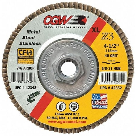 CGW ABRASIVES 42311 4-1/2"X5/8-11 Z3-36 T27Reg 100% Za Flap Disc