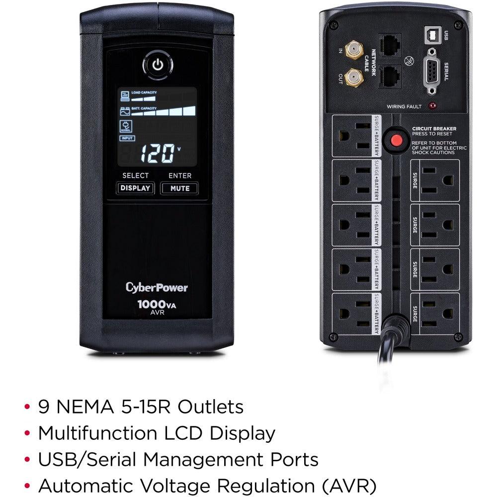 CyberPower Intelligent LCD CP1000AVRLCD 1000VA Tower UPS - 1000VA/600W - 1 Minute Full Load - 4 x NEMA 5-15R - Surge-protected, 5 x NEMA 5-15R - Battery/Surge-protected