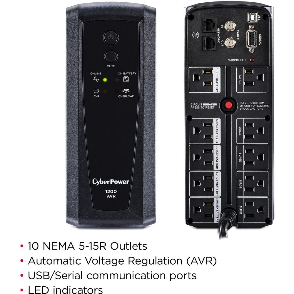 CyberPower AVR CP1200AVR 1200VA UPS - 1200VA/720W - 12 Minute Half Load - 4 x NEMA 5-15R - Battery/Surge-protected, 4 x NEMA 5-15R - Surge-protected