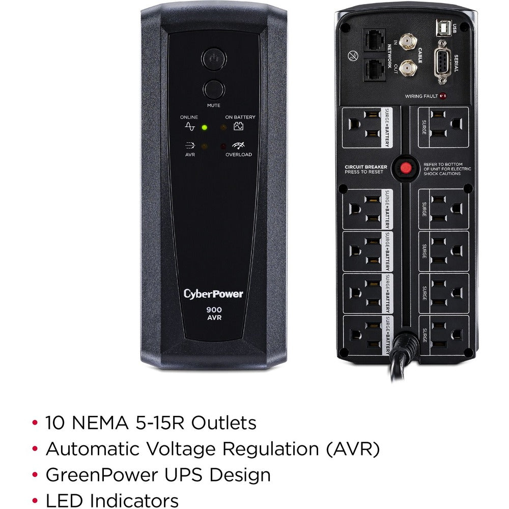 CyberPower AVR CP900AVR 900VA UPS - 900VA/560W - 12 Minute Half Load - 4 x NEMA 5-15R - Battery/Surge-protected, 4 x NEMA 5-15R - Surge-protected