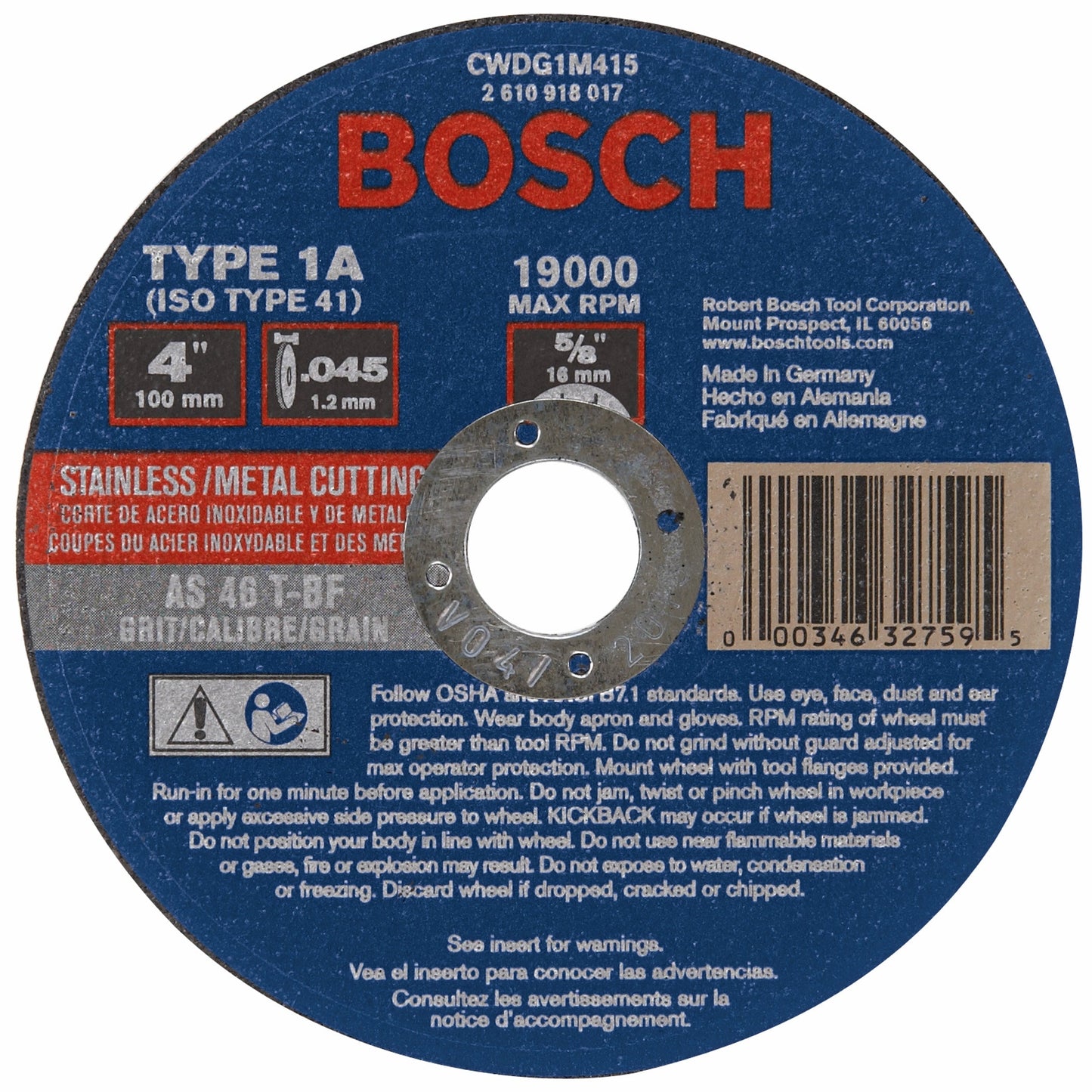 Bosch CWDG1M415 4 X .045 X 5/8 Type 1 Die Grinder Wheel As46T-Bf For Metal/Inox Cutting (Bulk)