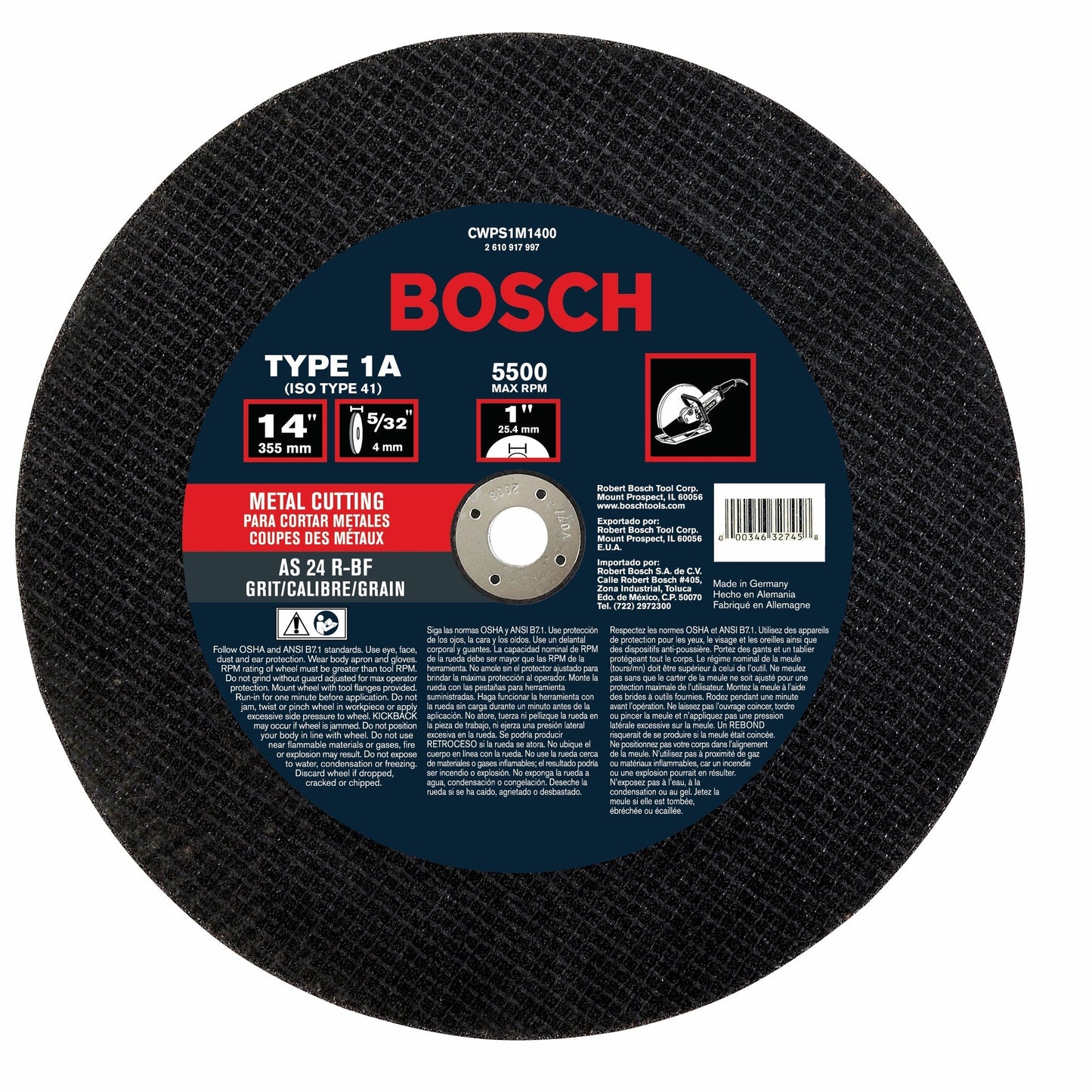 Bosch CWPS1M1400 14 X 5/32 X 1 Type 1 Hs Portable C/O Wheel A24R-Bf For Metal (Bulk)