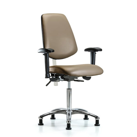 Blue Ridge Ergonomics NCR-VMBCH-MB-CR-T0-A1-CF-CC-8567 Class 100 Vinyl Clean Room Chair - Medium Bench Height with Medium Back, Adjustable Arms, Chrome Foot Ring, & Casters in Dove Trailblazer™ Vinyl