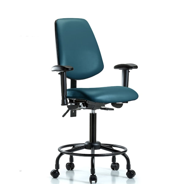 Blue Ridge Ergonomics VMBCH-MB-RT-T1-A1-RC-8801 Rutledge Vinyl Chair - Medium Bench Height with Round Tube Base, Medium Back, Seat Tilt, Adjustable Arms, & Casters in Marine Blue Supernova™ Vinyl