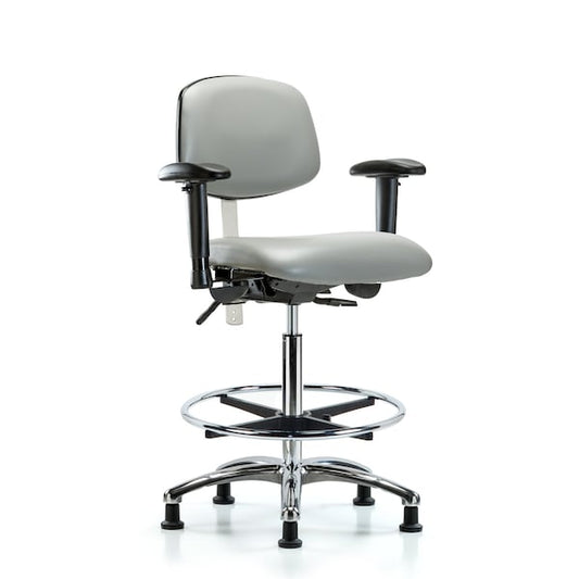 Blue Ridge Ergonomics NCR-VHBCH-CR-T1-A1-CF-RG-8567 Class 100 Vinyl Clean Room Chair - High Bench Height with Seat Tilt, Adjustable Arms, Chrome Foot Ring, & Stationary Glides in Dove Trailblazer™ Vinyl