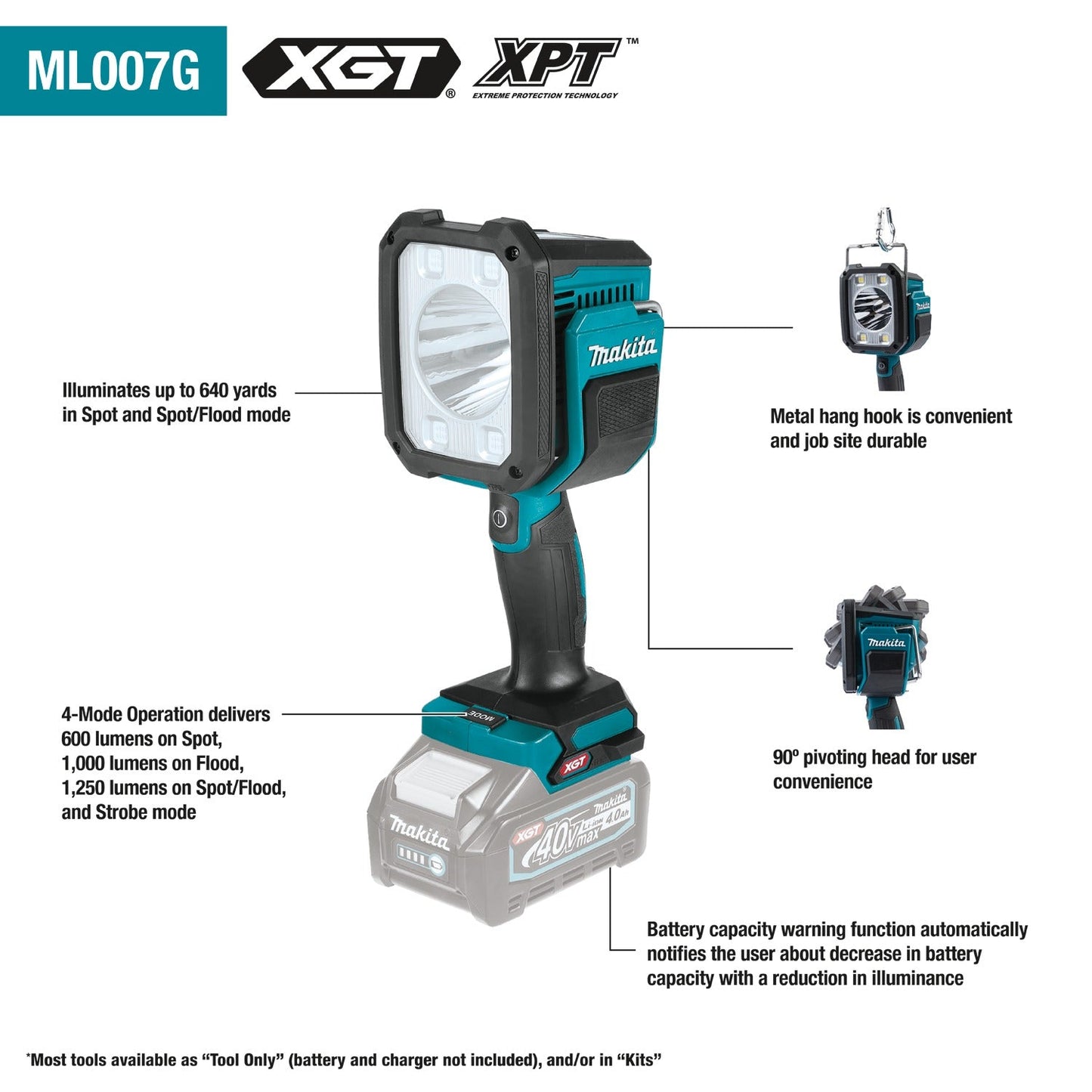 Makita ML007G 40V max XGT® Cordless L.E.D. Flashlight / Spotlight, Light Only