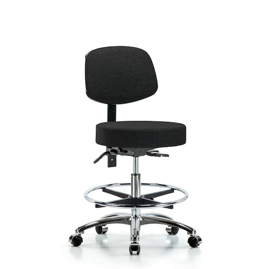 Blue Ridge Ergonomics FMBST-CR-T0-CF-CC-F42 Rutledge Fabric Stool with Back Chrome - Medium Bench Height with Chrome Foot Ring & Casters in Black Fabric