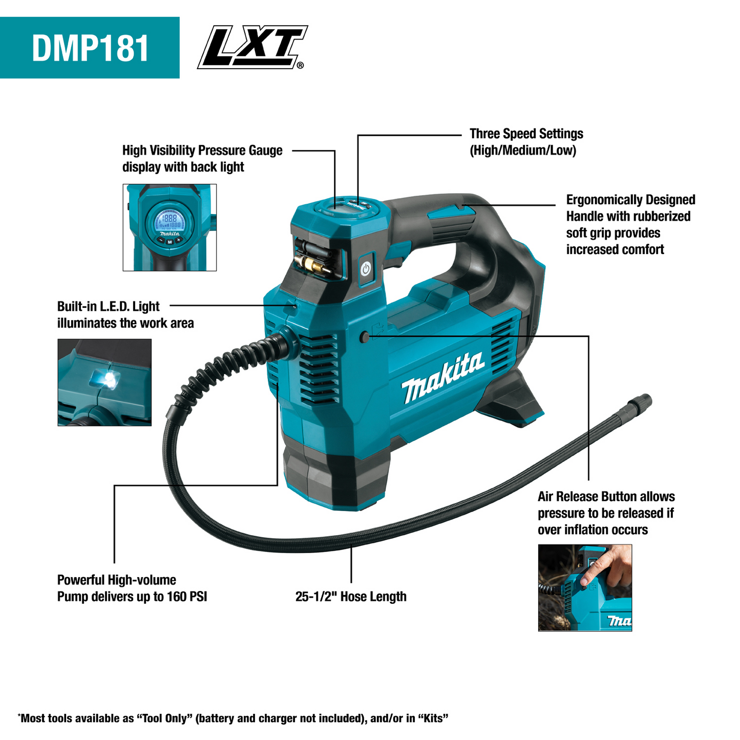 Makita DMP181ZX 18V LXT® Lithium‘Ion Cordless High‘Pressure Inflator, Tool Only