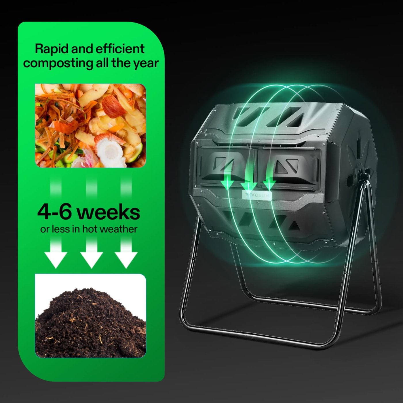 Vivosun Tumbling Composter Dual Rotating Batch Compost Bin 43 Gallon Black