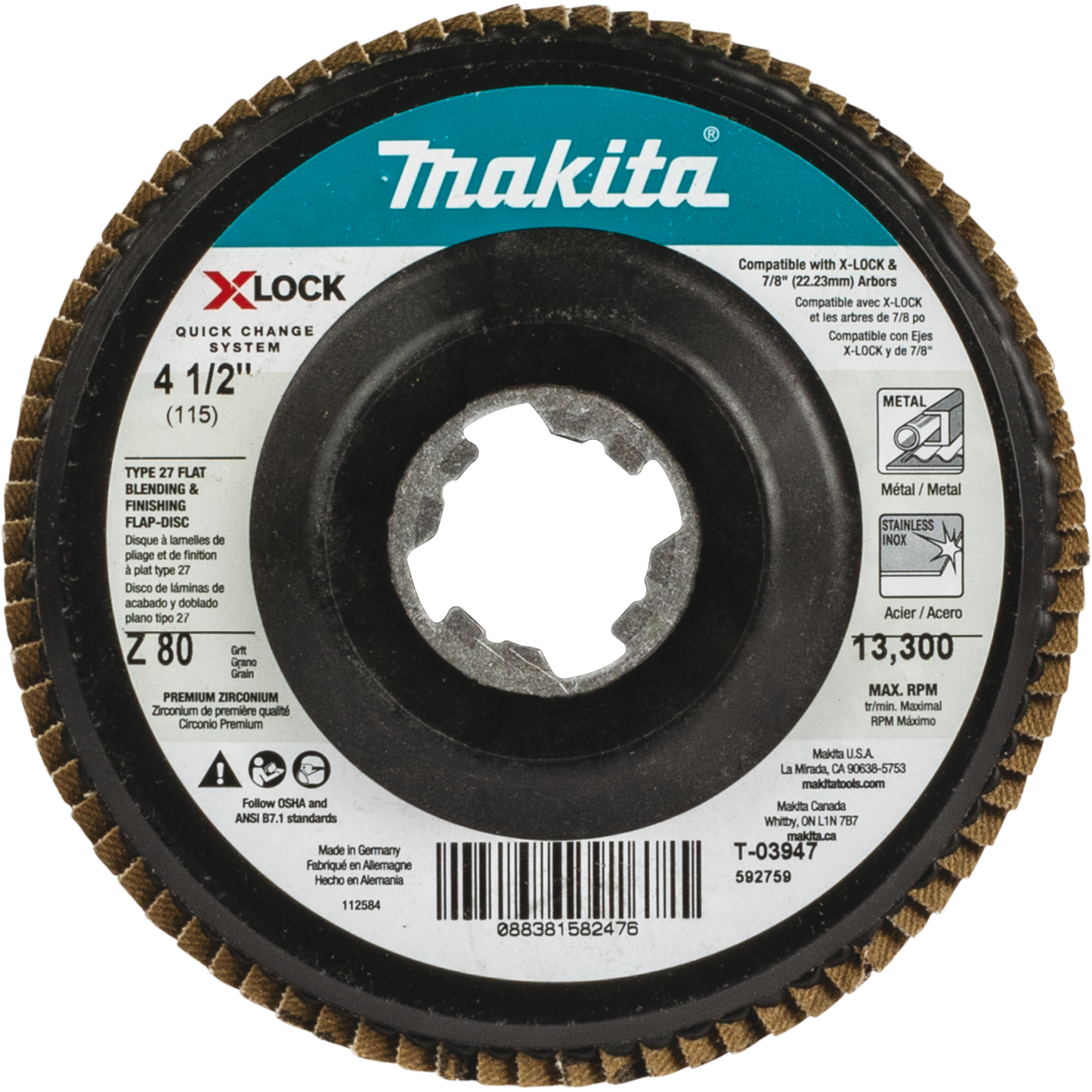 Makita T-03947 X‘LOCK 4‘1/2" 80 Grit Type 27 Flat Blending and Finishing Flap Disc for X‘LOCK and All 7/8" Arbor Grinders