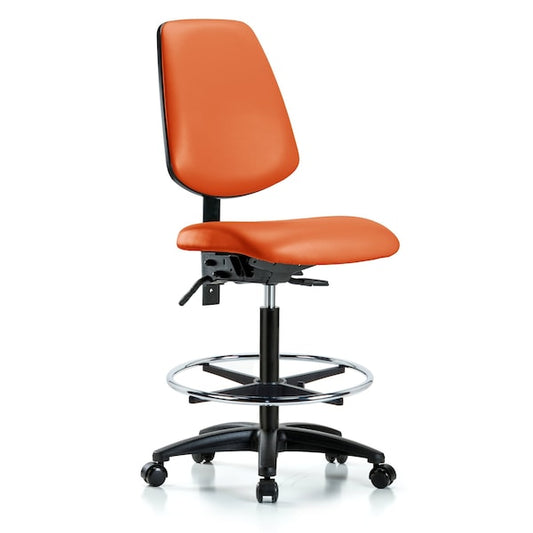 Blue Ridge Ergonomics VHBCH-MB-RG-T0-A0-CF-RC-8613 Rutledge Vinyl Chair - High Bench Height with Medium Back, Chrome Foot Ring, & Casters in Orange Kist Trailblazer™ Vinyl