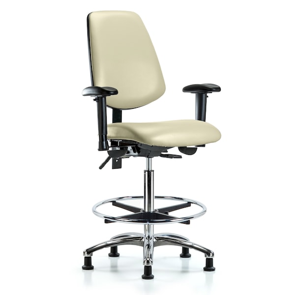 Blue Ridge Ergonomics VHBCH-MB-CR-T1-A1-CF-RG-8501 Rutledge Vinyl Chair Chrome - High Bench Height with Medium Back, Seat Tilt, Adjustable Arms, Chrome Foot Ring, & Stationary Glides in Adobe White Trailblazer™ Vinyl