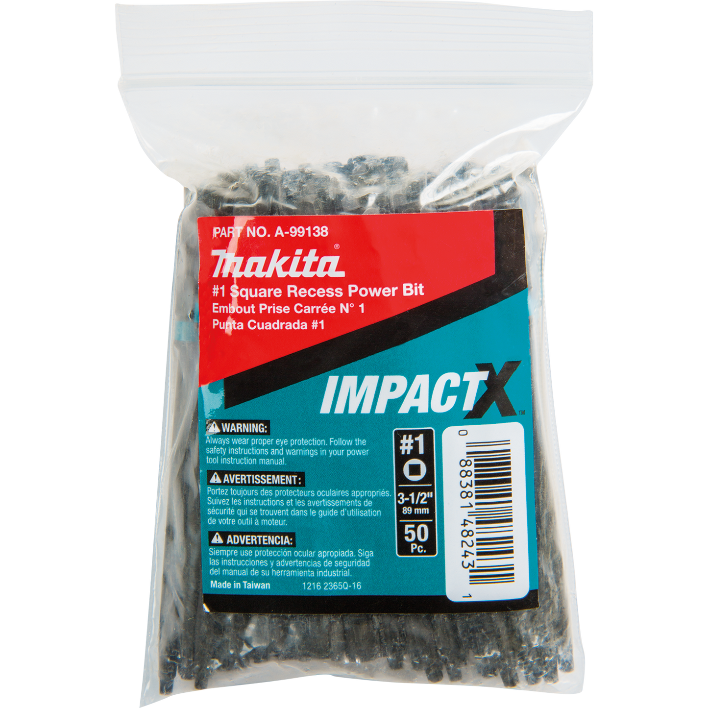 Makita A-99138 ImpactX, #1 Square Recess 3‘1/2³ Power Bit, 50/pk, Bulk