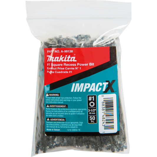 Makita A-99138 ImpactX, #1 Square Recess 3‘1/2³ Power Bit, 50/pk, Bulk