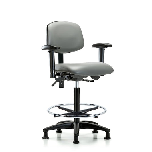 Blue Ridge Ergonomics VHBCH-RG-T1-A1-CF-RG-8840 Rutledge Vinyl Chair - High Bench Height with Seat Tilt, Adjustable Arms, Chrome Foot Ring, & Stationary Glides in Sterling Supernova™ Vinyl