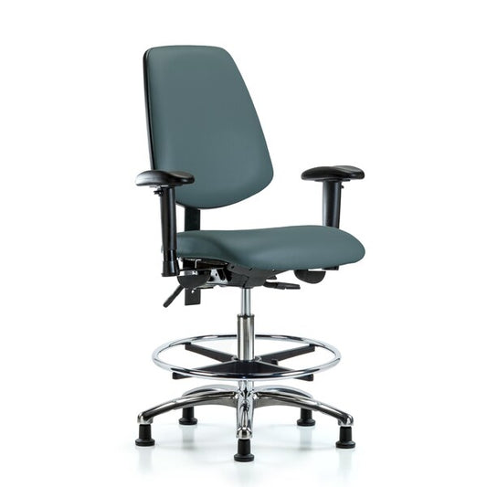 Blue Ridge Ergonomics VMBCH-MB-CR-T1-A1-CF-RG-8546 Rutledge Vinyl Chair Chrome - Medium Bench Height with Medium Back, Seat Tilt, Adjustable Arms, Chrome Foot Ring, & Stationary Glides in Colonial Blue Trailblazer™ Vinyl