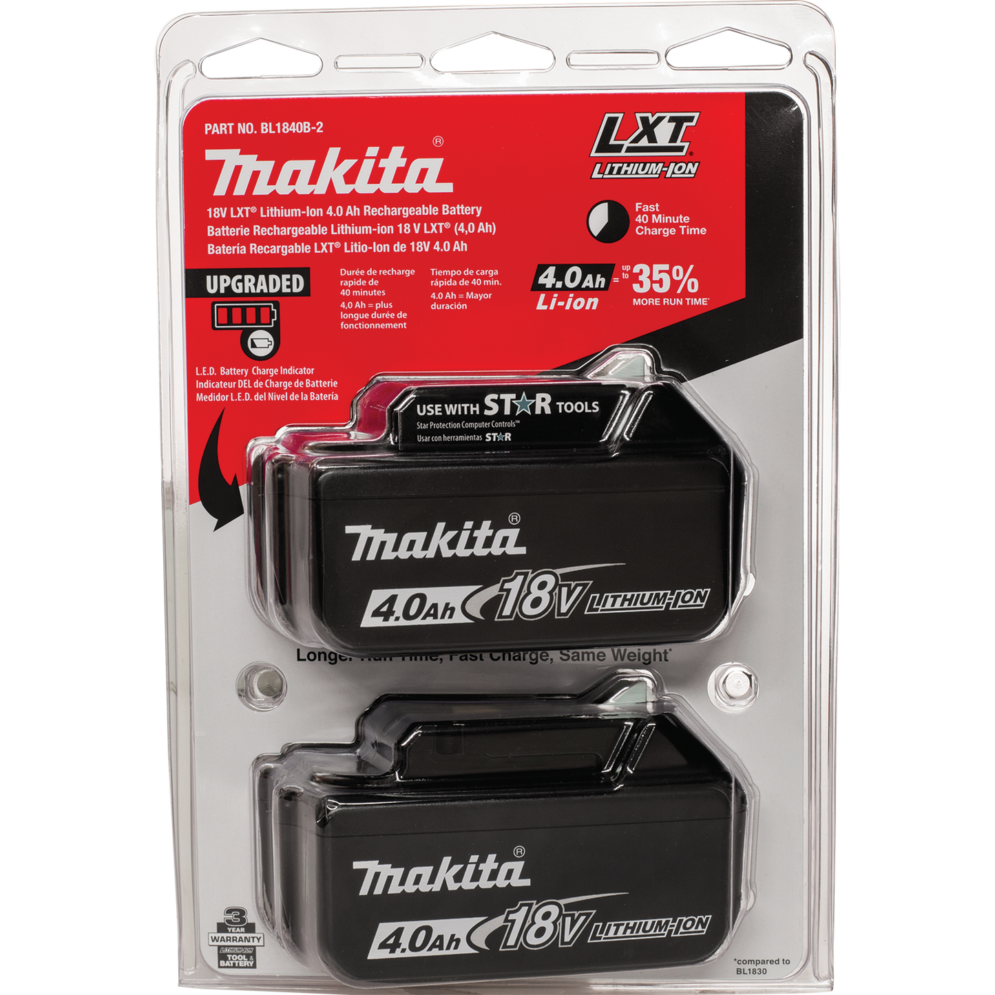 Makita BL1840B-2 18V LXT® Lithium‘Ion 4.0Ah Battery, 2/pk