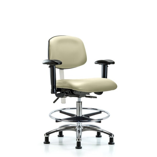Blue Ridge Ergonomics NCR-VMBCH-CR-T1-A1-CF-RG-8501 Class 100 Vinyl Clean Room Chair - Medium Bench Height with Seat Tilt, Adjustable Arms, Chrome Foot Ring, & Stationary Glides in Adobe White Trailblazer™ Vinyl