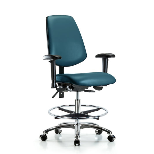 Blue Ridge Ergonomics VMBCH-MB-CR-T0-A1-CF-RG-8801 Rutledge Vinyl Chair Chrome - Medium Bench Height with Medium Back, Adjustable Arms, Chrome Foot Ring, & Stationary Glides in Marine Blue Supernova™ Vinyl