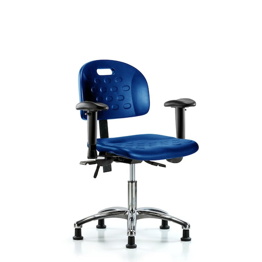 Blue Ridge Ergonomics HPDHCH-CR-T0-A1-RG-BLU Newport Industrial Polyurethane Chair Chrome - Desk Height with Adjustable Arms & Stationary Glides in Blue Polyurethane