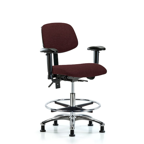Blue Ridge Ergonomics FMBCH-CR-T1-A1-CF-RG-F41 Rutledge Fabric Chair Chrome - Medium Bench Height with Seat Tilt, Adjustable Arms, Chrome Foot Ring, & Stationary Glides in Burgundy Fabric