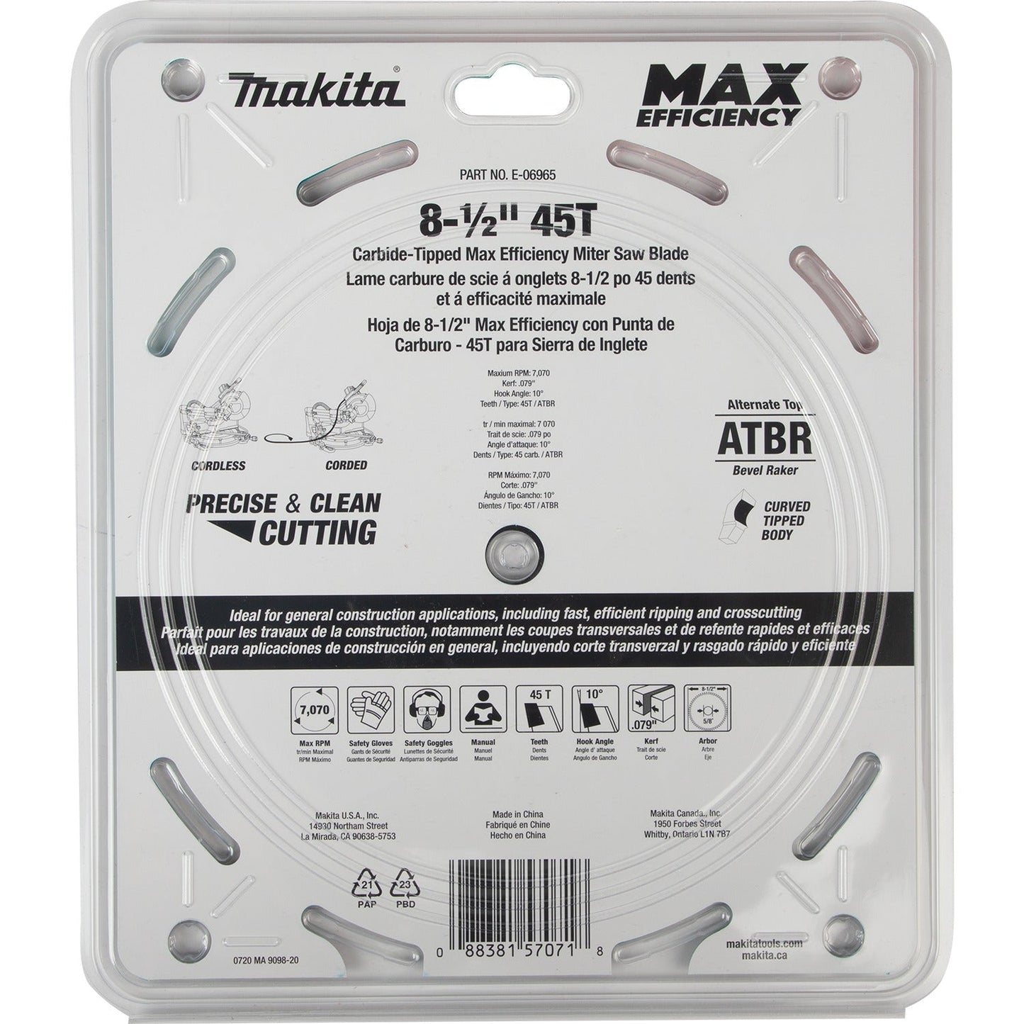 Makita E-06965 8‘1/2" 45T Carbide‘Tipped Max Efficiency Miter Saw Blade