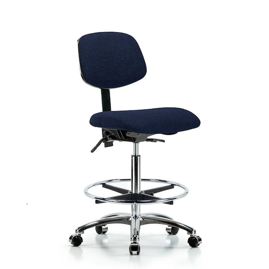 Blue Ridge Ergonomics FHBCH-CR-T1-A0-CF-CC-F45 Rutledge Fabric Chair Chrome - High Bench Height with Seat Tilt, Chrome Foot Ring, & Casters in Navy Fabric
