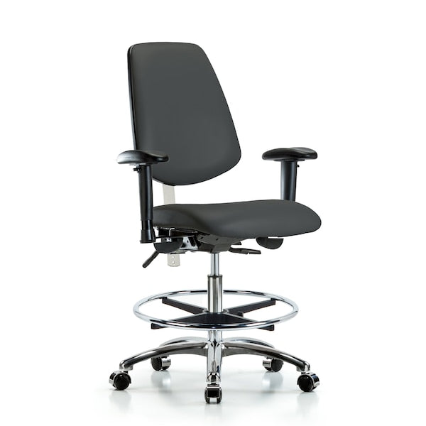 Blue Ridge Ergonomics NCR-VMBCH-MB-CR-T0-A1-CF-CC-8605 Class 100 Vinyl Clean Room Chair - Medium Bench Height with Medium Back, Adjustable Arms, Chrome Foot Ring, & Casters in Charcoal Trailblazer™ Vinyl