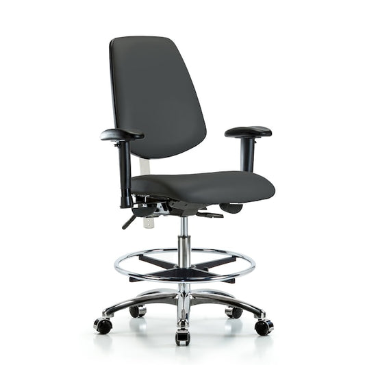 Blue Ridge Ergonomics NCR-VMBCH-MB-CR-T0-A1-CF-CC-8605 Class 100 Vinyl Clean Room Chair - Medium Bench Height with Medium Back, Adjustable Arms, Chrome Foot Ring, & Casters in Charcoal Trailblazer™ Vinyl