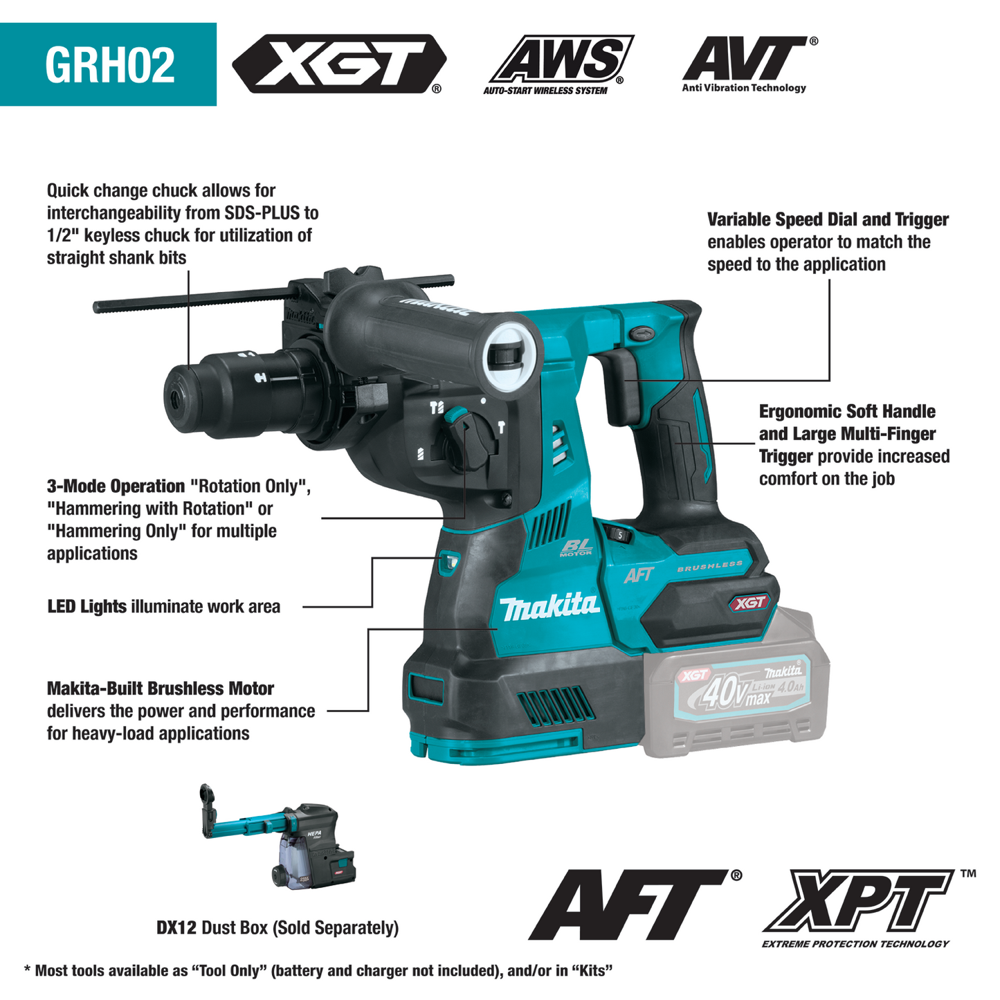 Makita GRH02M1 40V max XGT® Brushless Cordless 1‘1/8" SDS‘PLUS AVT® Rotary Hammer Kit, with Interchangeable Chuck, AWS® Capable (4.0Ah)