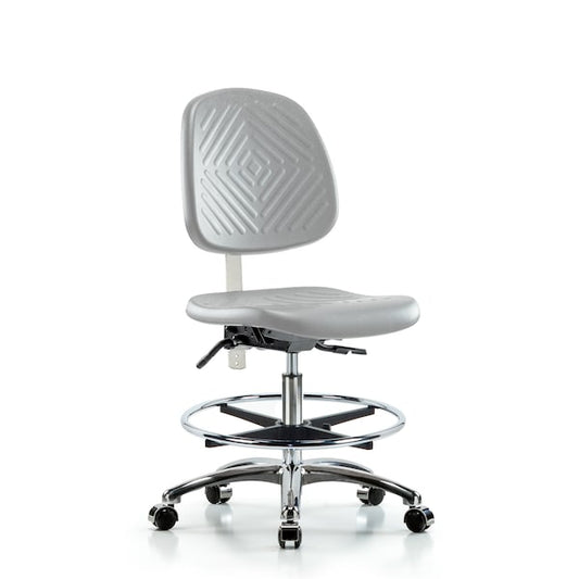 Blue Ridge Ergonomics CLR-VMBCH-MB-CR-CF-CC-8605 Class 10 Clean Room Vinyl Chair Chrome - Medium Bench Height with Medium Back, Chrome Foot Ring, & Casters in Charcoal Trailblazer™ Vinyl