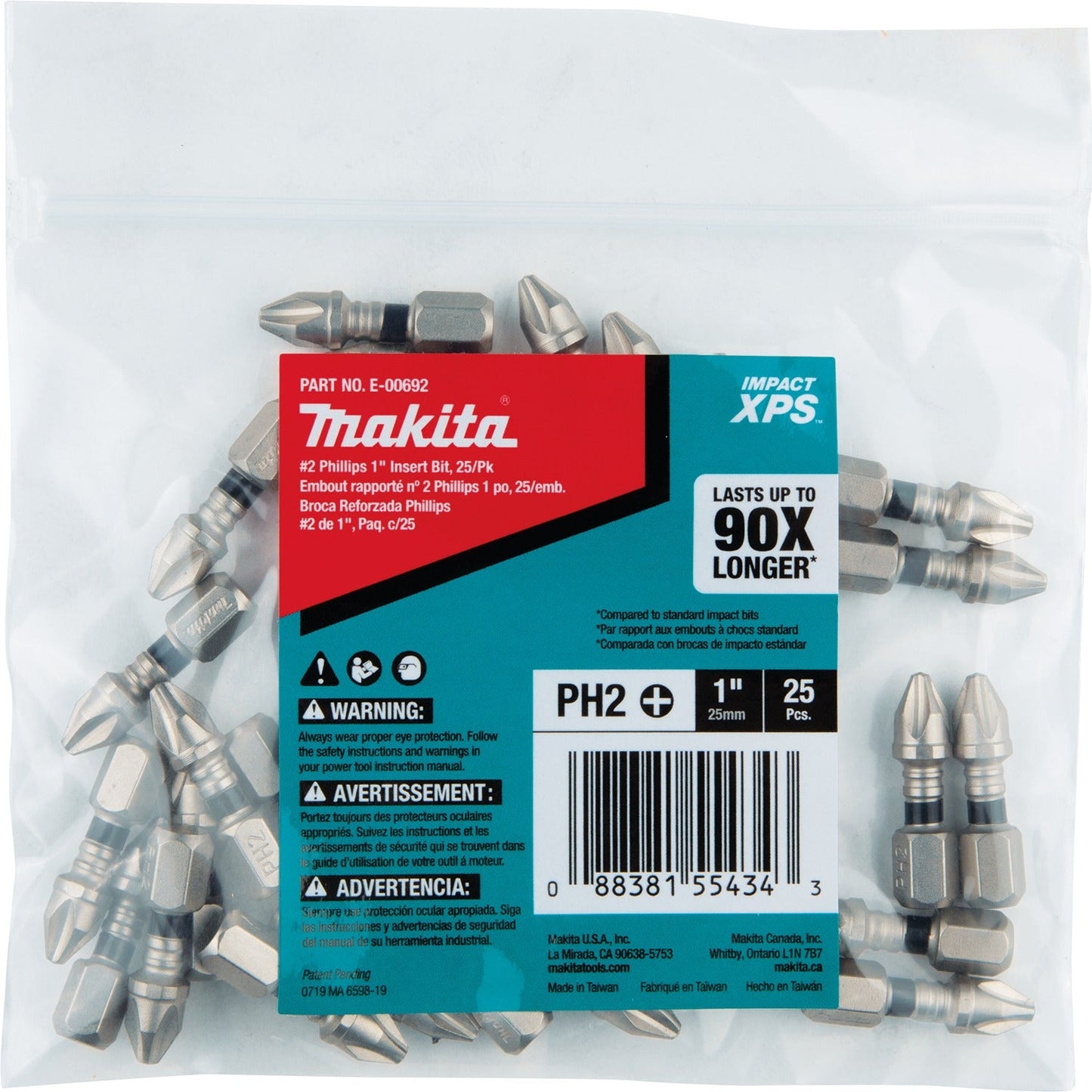 Makita E-00692 Impact XPS® #2 Phillips 1" Insert Bit, 25/pk, Bulk