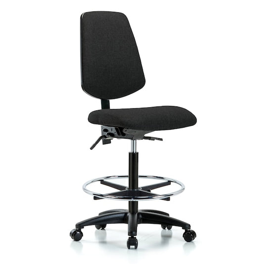 Blue Ridge Ergonomics FHBCH-MB-RG-T0-A0-CF-RC-F42 Rutledge Fabric Chair - High Bench Height with Medium Back, Chrome Foot Ring, & Casters in Black Fabric