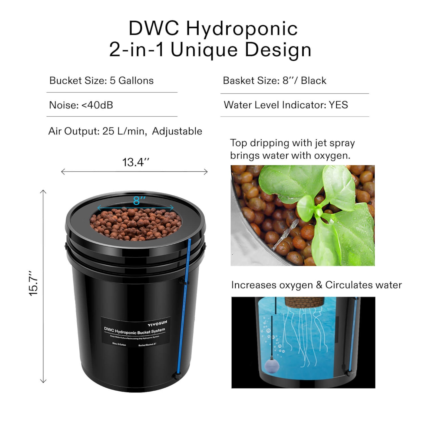 Vivosun 5 Gallon DWC Hydroponic System Kit (4 Bucket, Black)