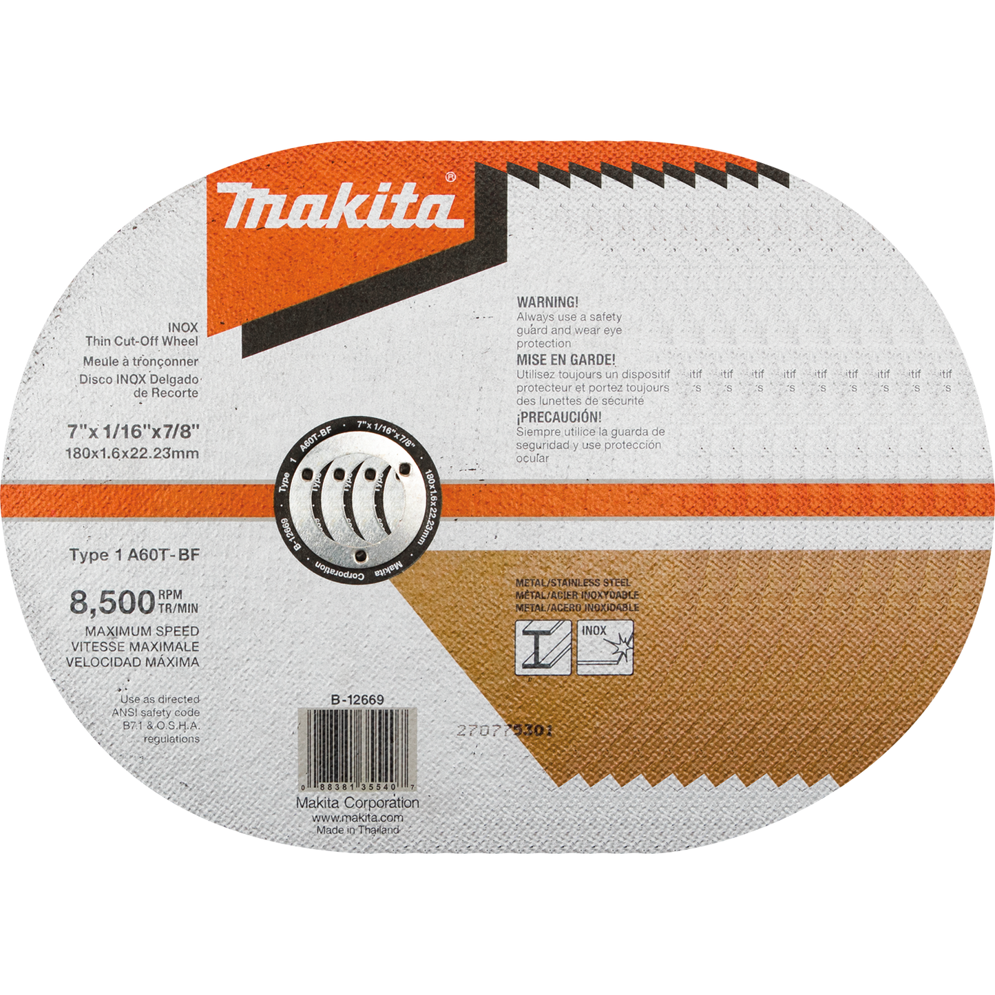 Makita B-12669-10 7" x 1/16" x 7/8" INOX Thin Cut‘Off Wheel, 60 Grit, 10/pk