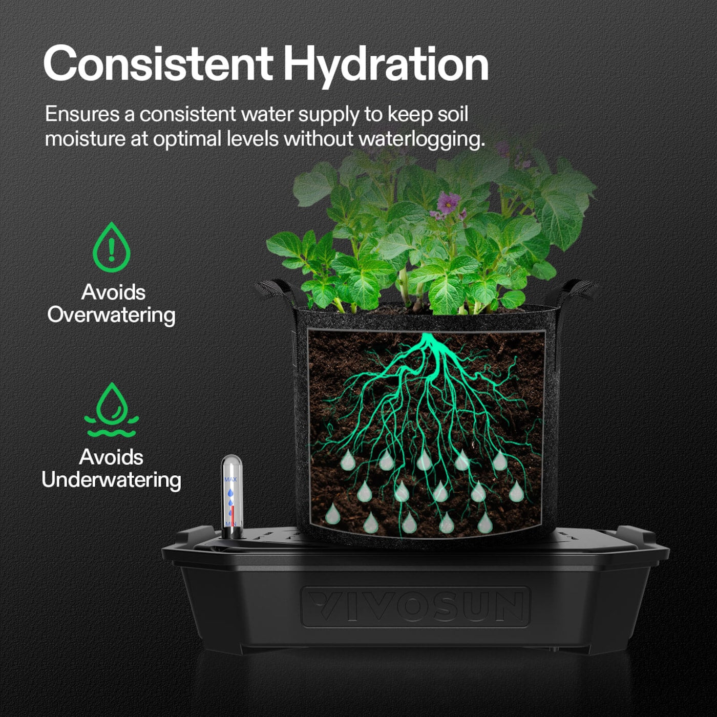 Vivosun 4-Pack Self-Watering Fabric Pot Base and Grow Bags Set, Auto-Irrigation Water Delivery System with Reservoir Meter