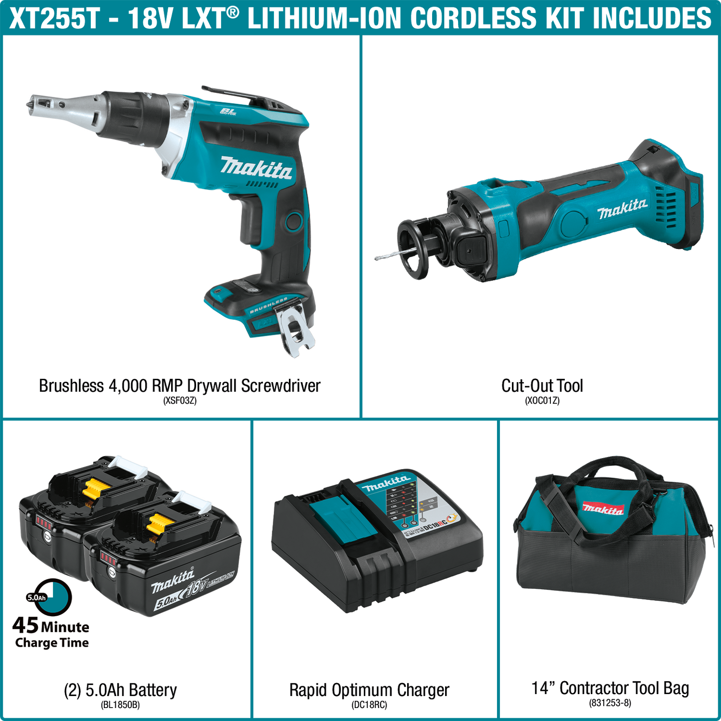 Makita XT255T 18V Lxt® Lithium Ion Cordless 2 Pc. Combo Kit (5.0Ah)