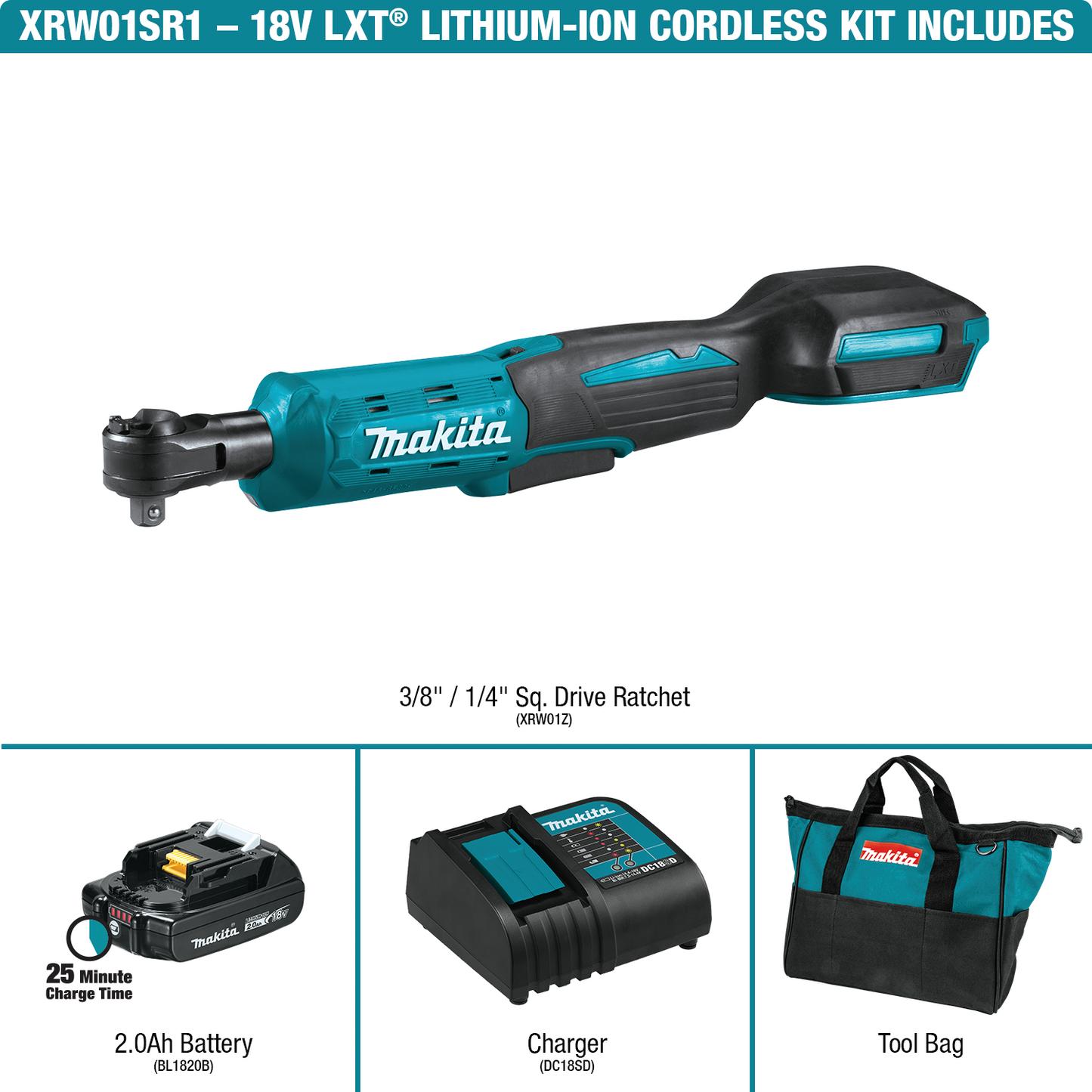 Makita XRW01SR1 18V LXT® Lithium‘Ion Cordless 3/8" / 1/4" Sq. Drive Ratchet Kit (2.0Ah)