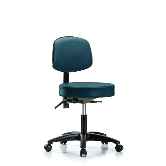 Blue Ridge Ergonomics VDHST-RG-T0-RC-8801 Rutledge Vinyl Stool with Back - Desk Height with Casters in Marine Blue Supernova™ Vinyl