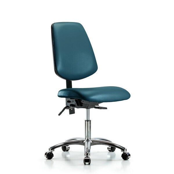 Blue Ridge Ergonomics VDHCH-MB-CR-T1-A0-CC-8801 Rutledge Vinyl Chair Chrome - Desk Height with Medium Back, Seat Tilt, & Casters in Marine Blue Supernova™ Vinyl