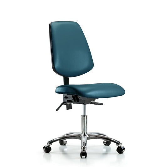 Blue Ridge Ergonomics VDHCH-MB-CR-T1-A0-CC-8801 Rutledge Vinyl Chair Chrome - Desk Height with Medium Back, Seat Tilt, & Casters in Marine Blue Supernova™ Vinyl