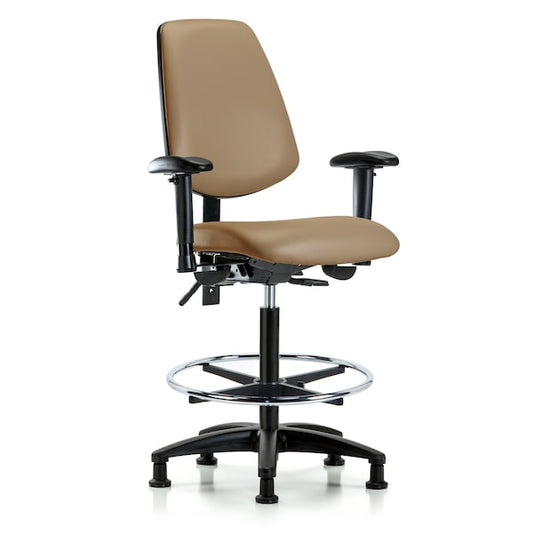 Blue Ridge Ergonomics VHBCH-MB-RG-T0-A1-CF-RG-8584 Rutledge Vinyl Chair - High Bench Height with Medium Back, Adjustable Arms, Chrome Foot Ring, & Stationary Glides in Taupe Trailblazer™ Vinyl