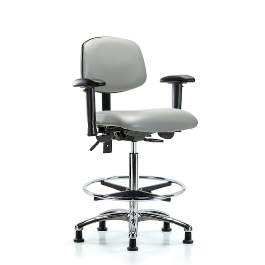 Blue Ridge Ergonomics VHBCH-CR-T0-A1-CF-RG-8567 Rutledge Vinyl Chair Chrome - High Bench Height with Adjustable Arms, Chrome Foot Ring, & Stationary Glides in Dove Trailblazer™ Vinyl