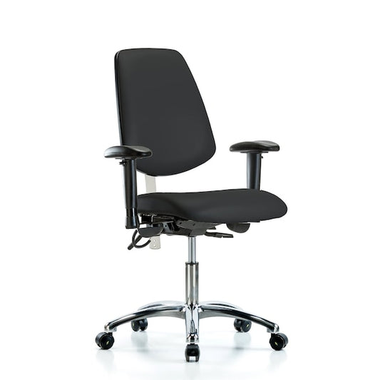 Blue Ridge Ergonomics NECR-VDHCH-MB-CR-T1-A1-EC-ESDBLK Class 100 Vinyl Clean Room/ESD Chair - Desk Height with Medium Back, Seat Tilt, Adjustable Arms, & ESD Casters in Black ESD Vinyl