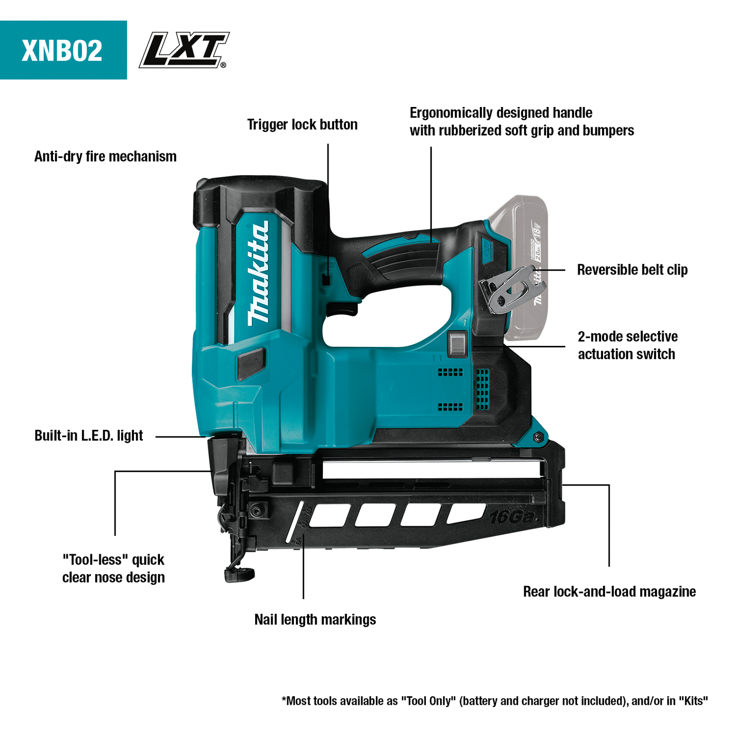 Makita XNB02RJ 18V Lxt® Lithiumion Cordless 21/2" Straight Finish Nailer Kit, 16 Ga.