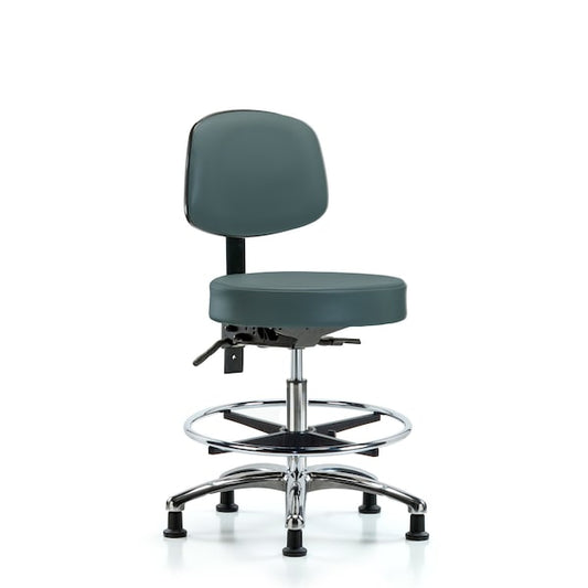 Blue Ridge Ergonomics VMBST-CR-T0-CF-RG-8546 Rutledge Vinyl Stool with Back Chrome - Medium Bench Height with Chrome Foot Ring & Stationary Glides in Colonial Blue Trailblazer™ Vinyl